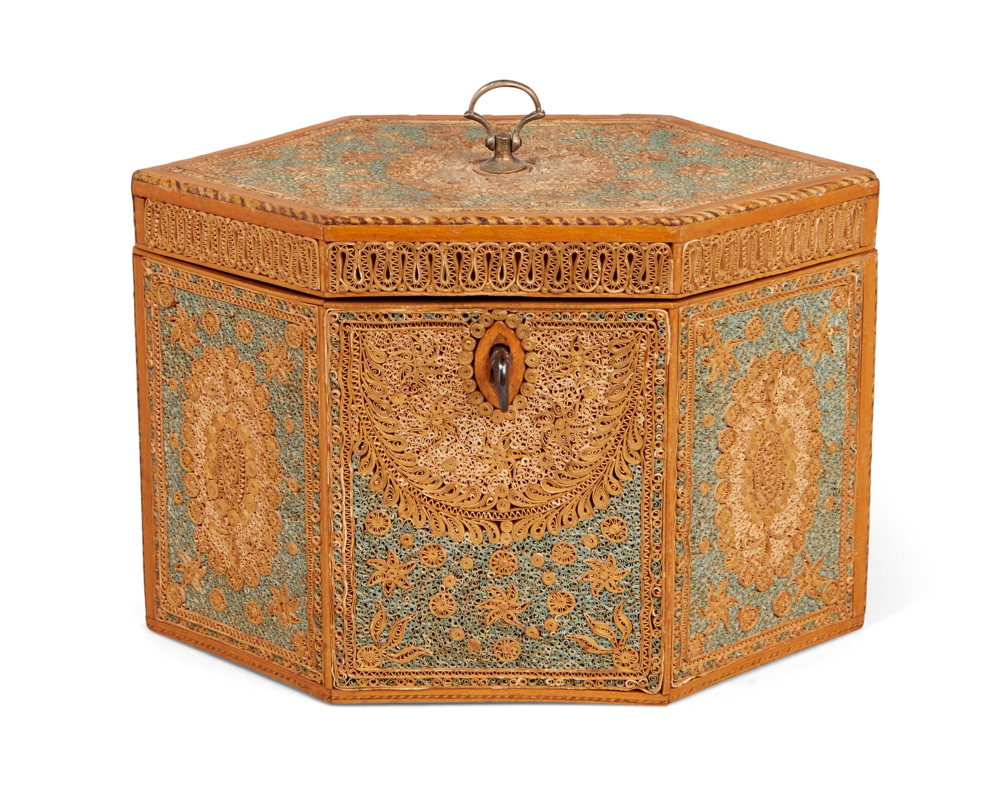 A George III paperscroll hexagonal tea caddy