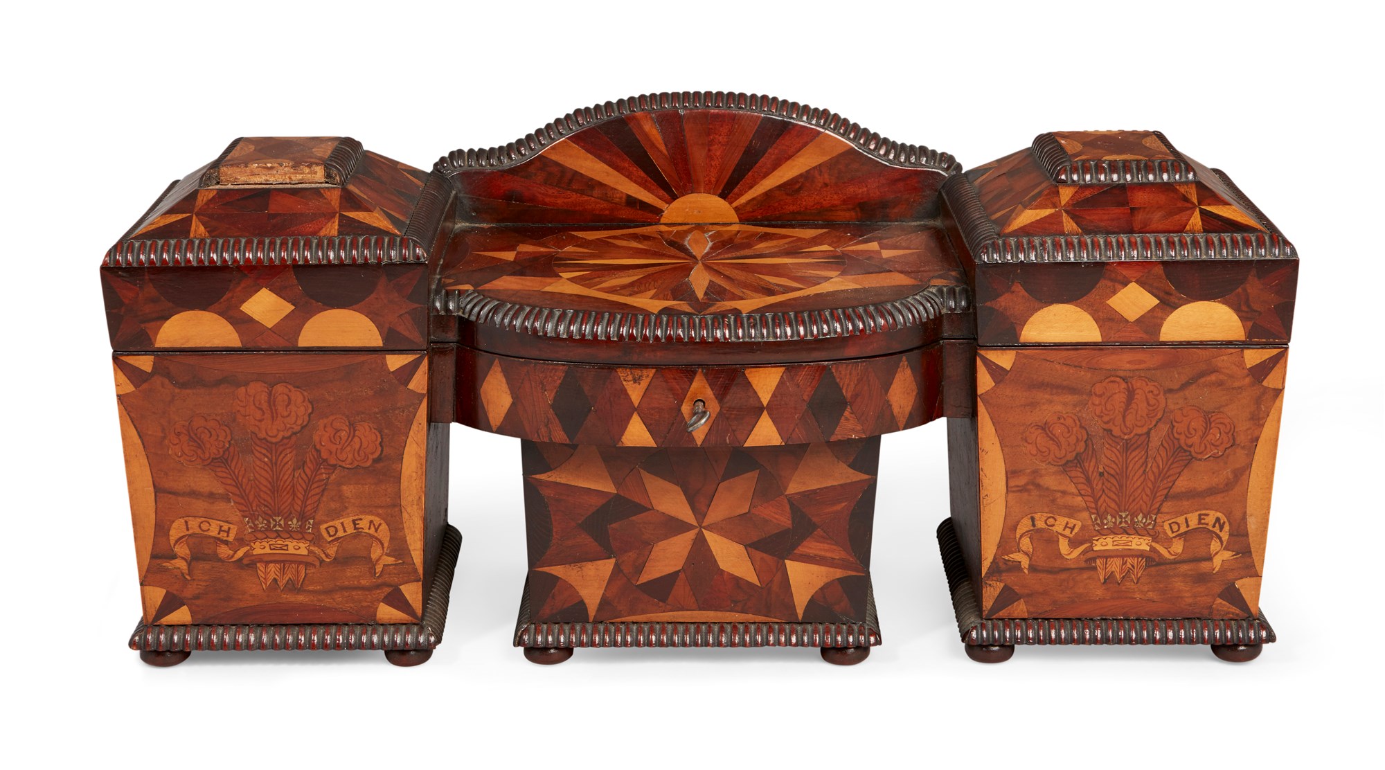 A rare and large walnut and parquetry “sideboard” tea caddy, 19th century