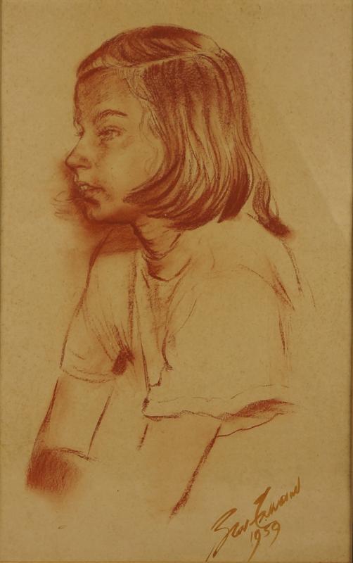 Benedict Chukwukadibia Enwonwu MBE, Nigerian/British 1917-1994- Portrait of a young girl, head and shoulders, 1950; red chalk on coloured paper