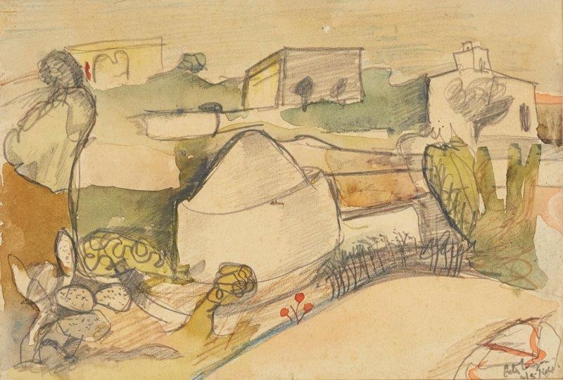 Peter Lanyon, British 1918-1964- Landscape with Houses, Italy, 1944; watercolour with traces of pencil