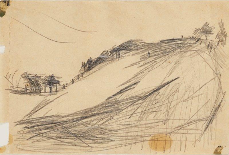 Frank Auerbach, British b.1931- Primrose Hill (study),1960; pencil and oil paint on brown paper