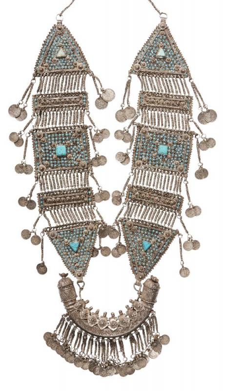 An impressive Bukhara turquoise-set silver necklace, Uzbekistan, 20th century