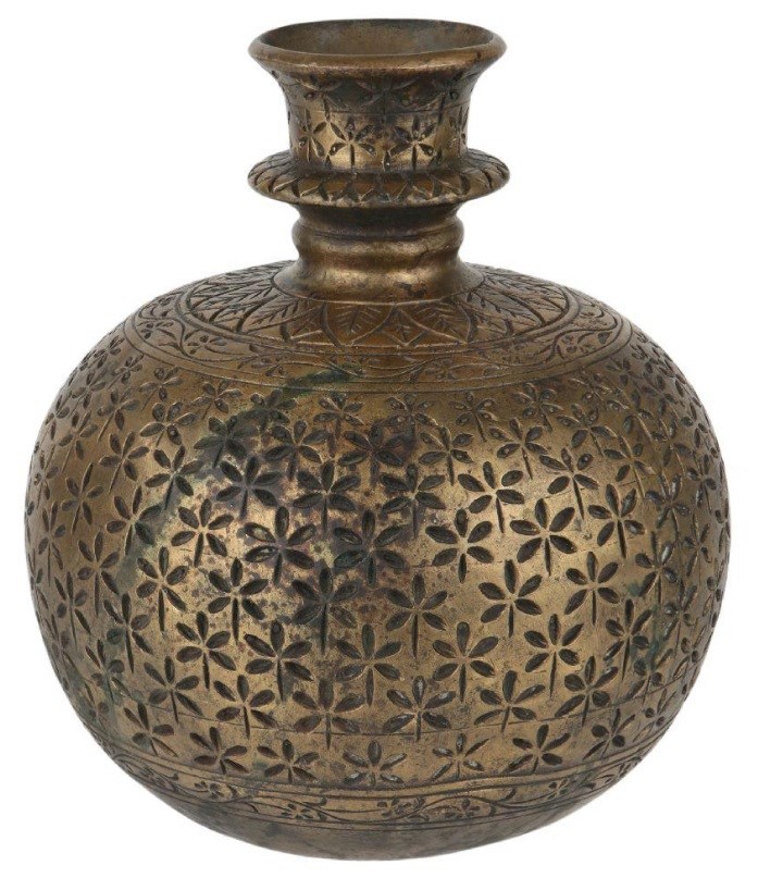A carved brass spherical huqqa base,
