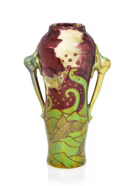  Zsolnay, a good Eosin glazed ceramic vase with twin elephant-head handles and stylised fish decoration c.1905 sold for £7,500 in Roseberys Design : Decorative Arts 1860 to the Present Day auction on 3.11.20