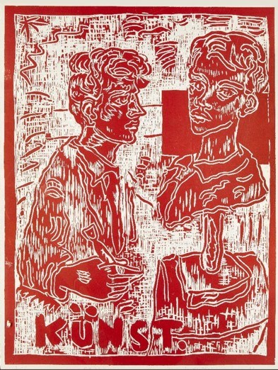Adrian Wiszniewski, Scottish b.1958- Kunst, 1988; woodcut print in colours on wove to be included within the Modern & Contemporary Prints & Multiples at Roseberys auction on Tuesday 9 March  Adrian Wisznewski, born in 1958 is one of the members of the new Glasgow boys a group of artists who emerged from the Glasgow School of Art. Other artists in this group include Peter Howson and Steven Campbell. He was influenced by New Image painting in the early 1980s, combining figurative art with social commentary. He gave his first solo show in 1984 in London and Glasgow; the Tate acquired some of his paintings at that time.