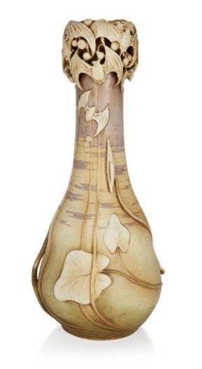Amphora, a tall ceramic Art Nouveau ‘Bat and Berry’ vase designed by Paul Dachsel and made by Reissner, Stellmacher & Kessel c.1901