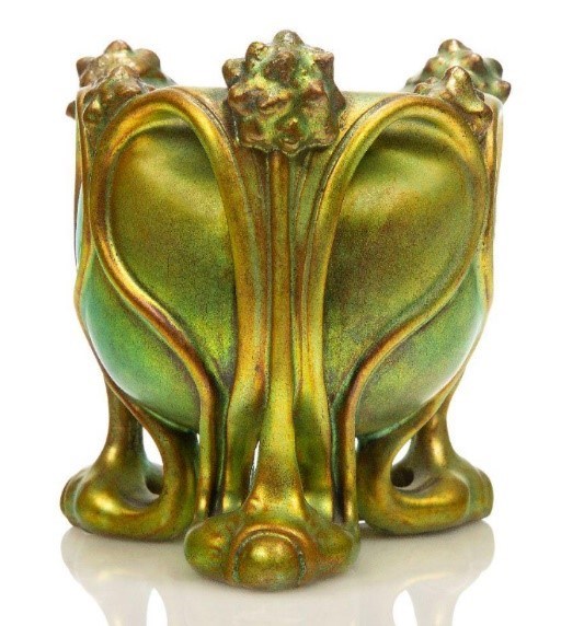 Zsolnay, an Art Nouveau Eosin glazed ceramic vase raised on three open work feet c.1905 sold for £2,500 in Roseberys Design : Decorative Arts 1860 to the Present Day auction on 3.11.20