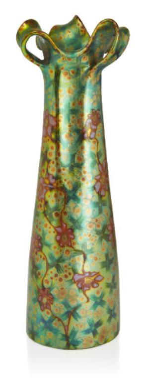 Zsolnay (Hungarian), an Art Nouveau Eosin glazed three handled vase, the form designed by Tádé Sikorski c.1900 up for sale within Roseberys Design : Decorative Arts 1860 to the Present Day auction on Tuesday 27 April