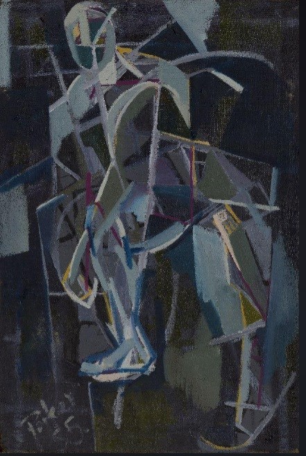 Bill Parker, American 1922-2009- Untitled abstracted figure; oil on sack-cloth
