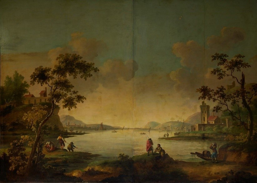  Circle of Claude-Joseph Vernet, French 1714-1789- Capriccios of fisherfolk unloading their catch on the shores of a harbour with shipping, fortified promontories and woodland; oil on canvas