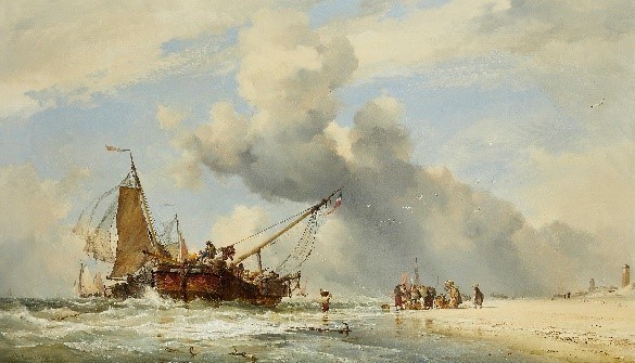 Edward William Cooke RA, British 1811-1880- Fishermen landing their catch at Scheveningen; oil on canvas
