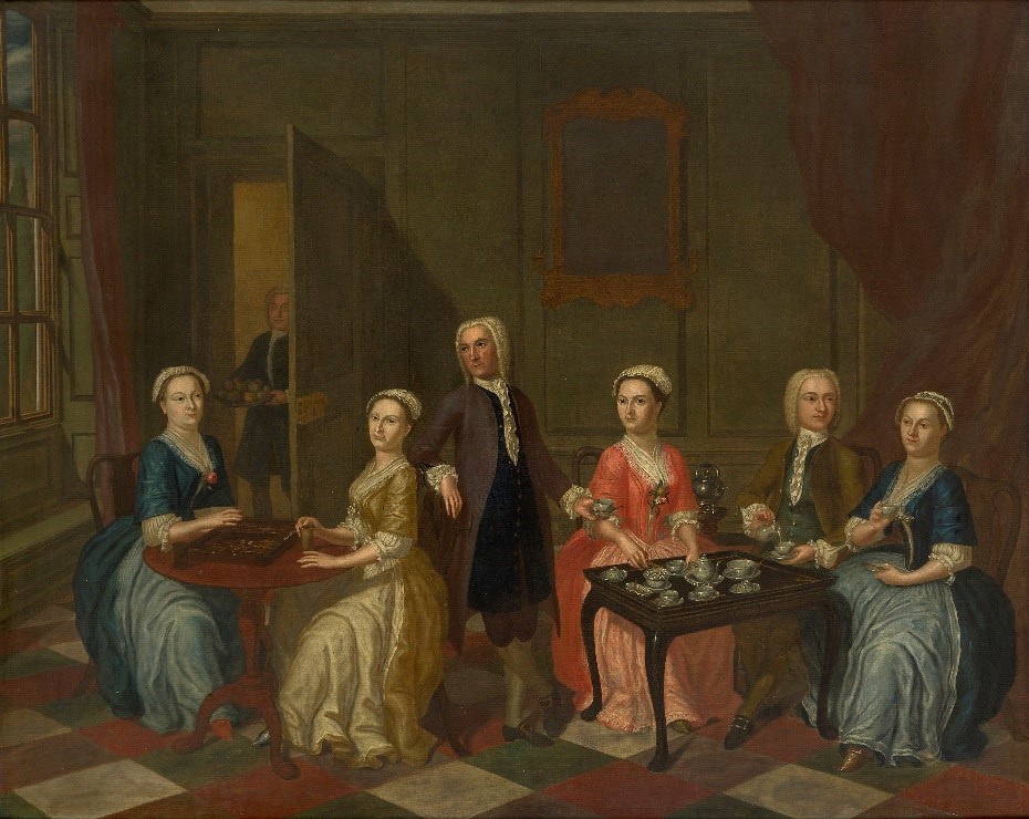  Follower of Gawen Hamilton, Scottish 1698-1737- A conversation piece with elegant figures playing backgammon and taking tea in an interior; oil on canvas