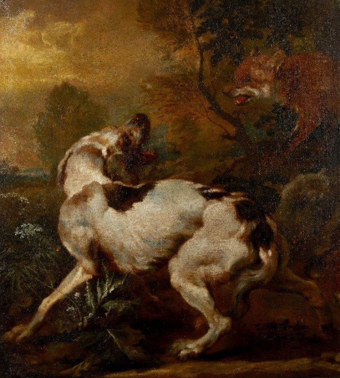 Follower of Paul de Vos, Flemish 1595-1678- A hound confronting a fox; oil on canvas