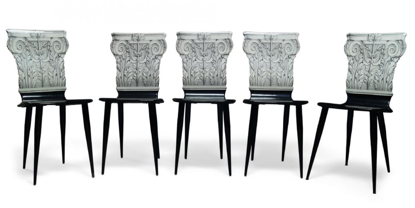   Piero Fornasetti (Italian 1913-1988), a set of five 'Capitello Corinzio' chairs