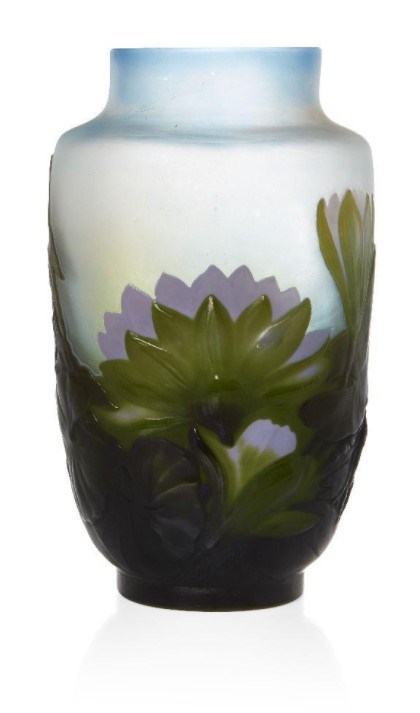 Gallé (French), a mould-blown triple overlay ‘Water Lily’ vase c.1925