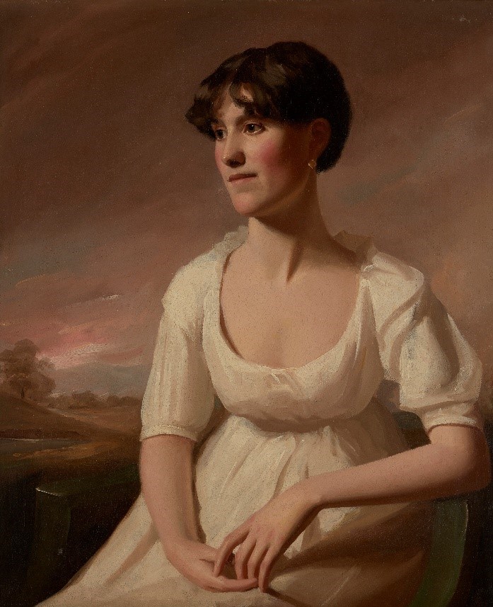 George Watson PPRSA, Scottish 1767-1837- Portrait of Janet (Jessie) Ruskin, seated half-length turned to the left in a white dress with a landscape beyond, c. 1805; oil on canvas