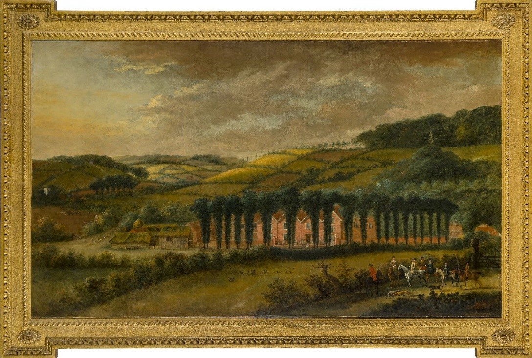 Lot 32 : Jan Griffier the Younger, Dutch 1698-1773- View of a manor house, traditionally identified as Stocks House, Hertfordshire; signed and dated ‘J. Griffier 1734’, oil on canvas