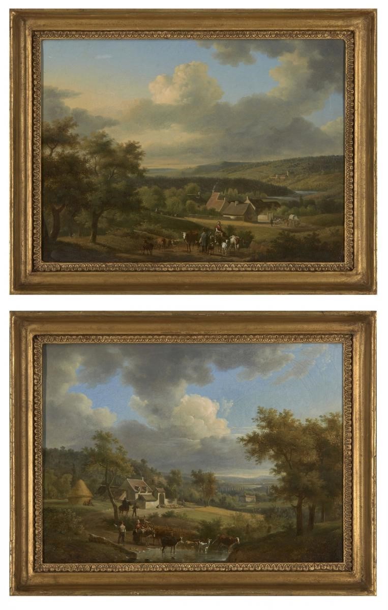 Attributed to Jan Baptiste de Jonghe, Flemish 1785-1844- Wooded landscapes with figures, cattle, cottages and distant hills; oils on canvas