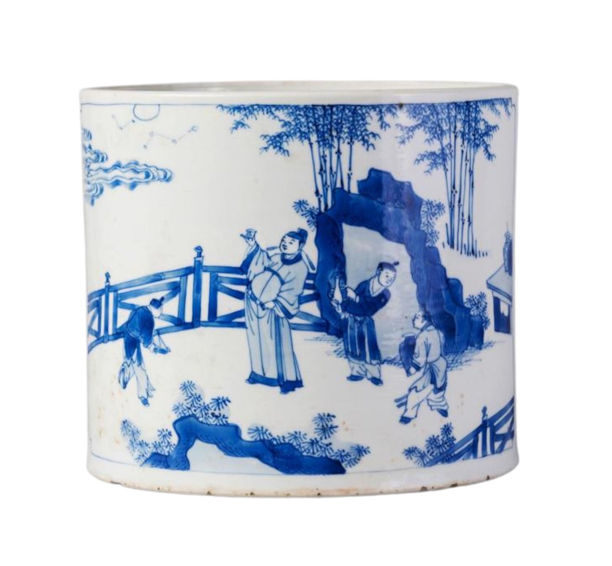 A Chinese porcelain bitong (brushpot), underglaze blue six character Chenghua mark to base but Kangxi, 16cm high, sold for £17,000