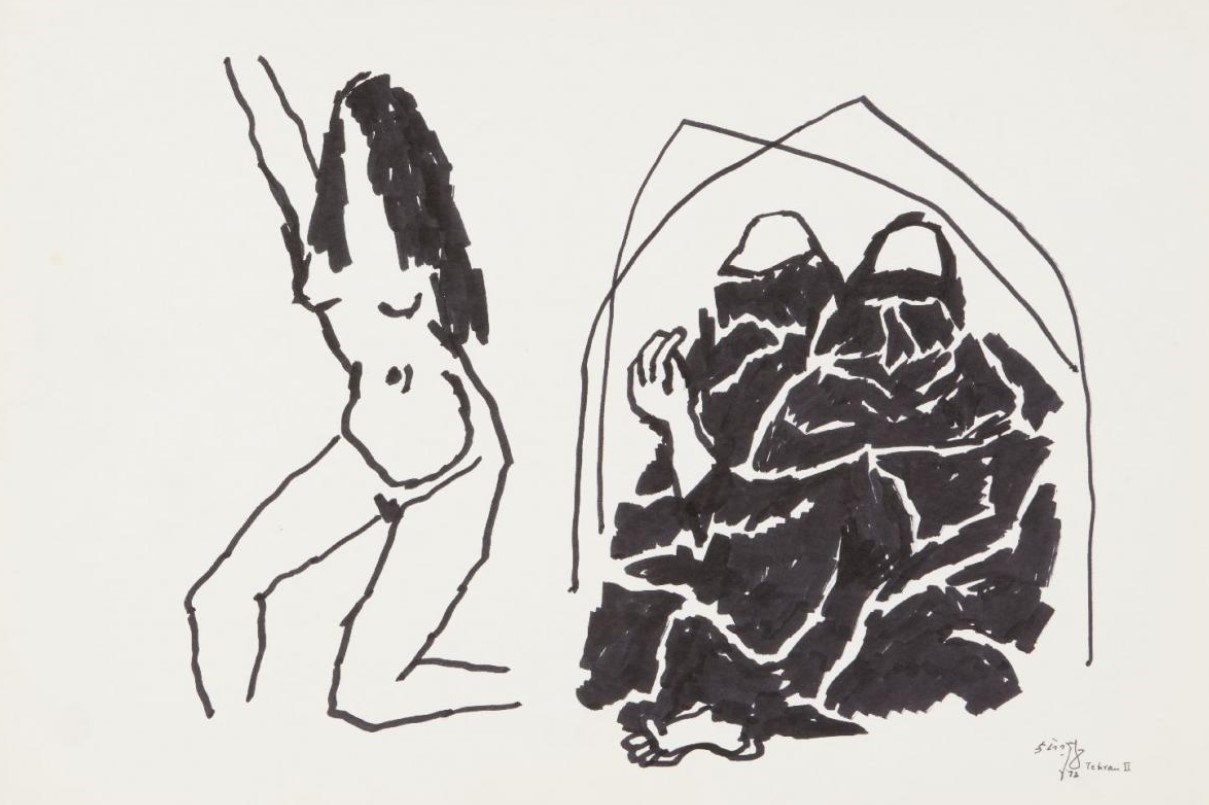 M.F. Husain (Indian, 1915-2011), Untitled, Woman dancing and women seated, 1972, gouache and ink on paper, Tehran series,