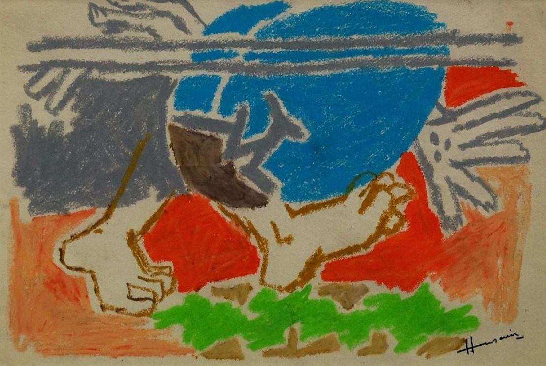  Lot 573 : Maqbool Fida Husain, Indian 1915-2011- Feet and hands; coloured pastel, signed in black felt tipped pen, 33x50cm Provenance: by repute with Archer Gallery, Ahmedabad sold in Roseberys Fine Art sale on 24 March 2015 auction for £6,250