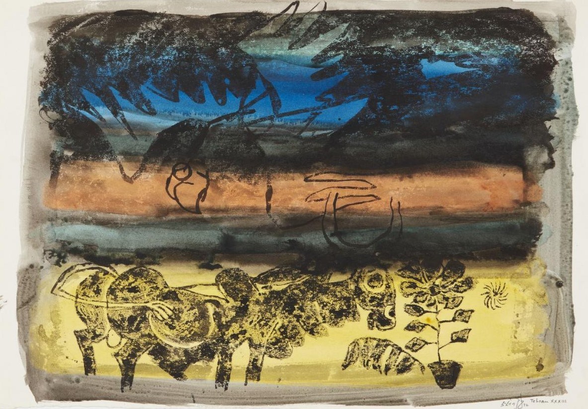  Lot 396 : M.F. Husain (Indian,1915-2011) Untitled, Bull, 1972, gouache and ink on paper, Tehran series for sale in the Islamic & Indian Art sale on 22 October 2020 at Roseberys