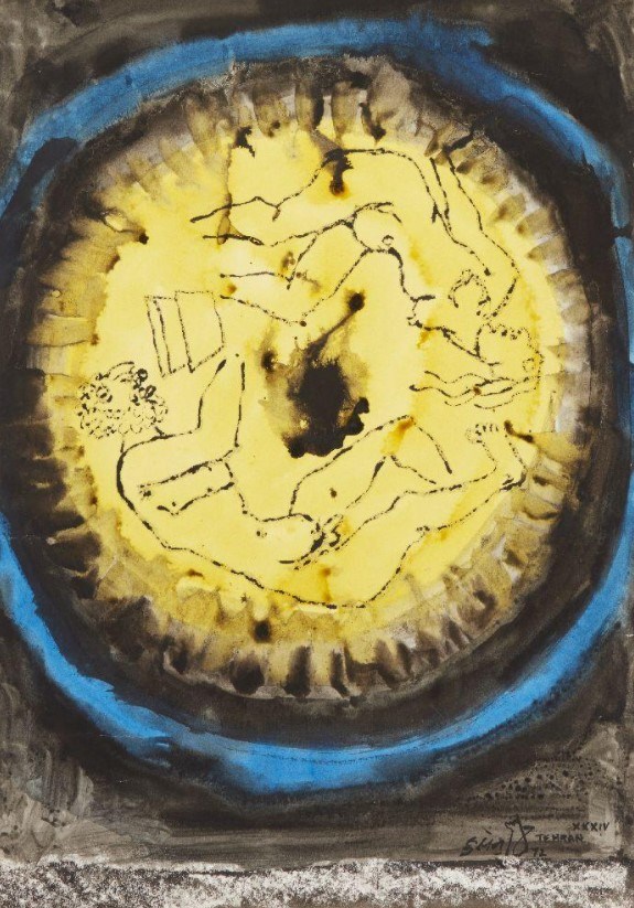 Lot 395 : M.F. Husain (Indian, 1915-2011) Untitled, Nudes in circle,1972, gouache and ink on paper, Tehran series for sale in the Islamic & Indian Art sale on 22 October 2020 at Roseberys