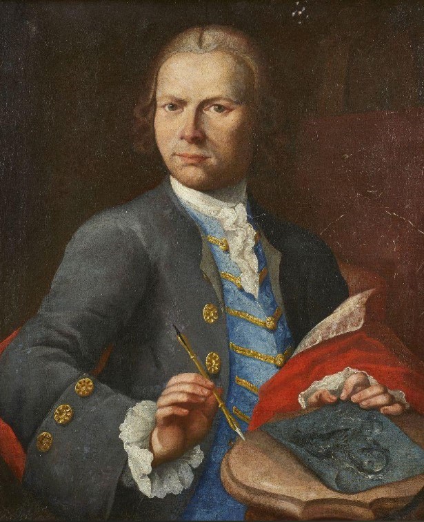 Nathaniel Hone RA, Irish 1718-1784- Portrait of an artist holding a drawing, an unfinished canvas beyond; oil on canvas
