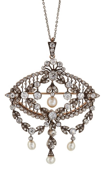 A late 19th century Belle Epoque, pearl and diamond brooch / pendant, of openwork plaque design, the single pearl drop suspended within an old-brilliant and old-cut diamond foliate design frame suspending old-brilliant and old-cut diamond twin festoons with triple pearl drops, with detachable graduated old-cut diamond three stone pendant loop, c. 1890. This brooch / pendant sold for £5,750 in Roseberys Jewellery & Watches auction on 16th March, 2021