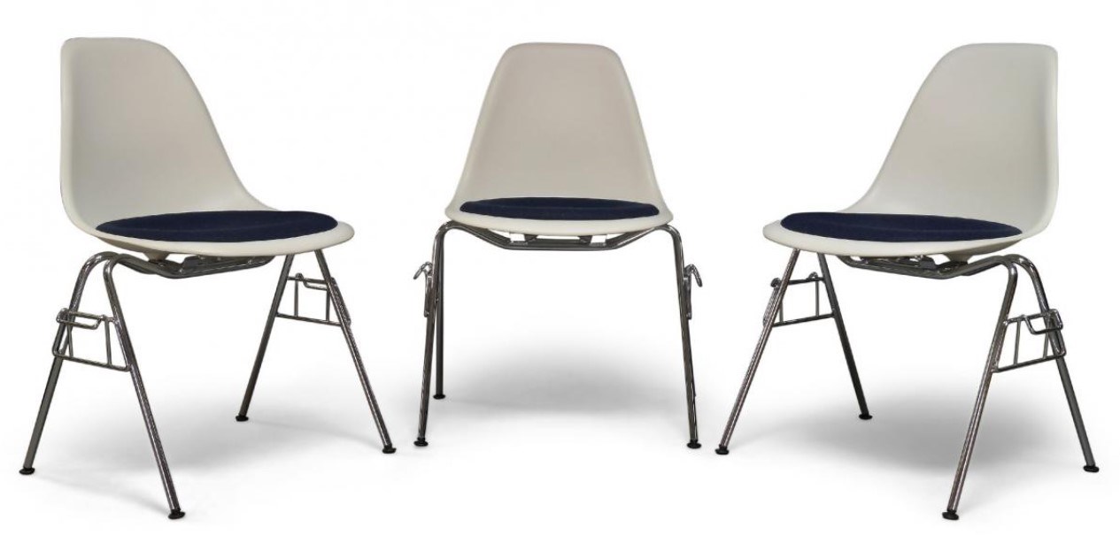  After Charles and Ray Eames (American), a set of three 'Plastic DSS' side chairs together with a set of three 'Plastic DSX' side chairs for Vitra c.2015 coming up for auction with the Design : Decorative Arts 1860 to the Present Day auction at Roseberys on Tuesday 27 April, 2021