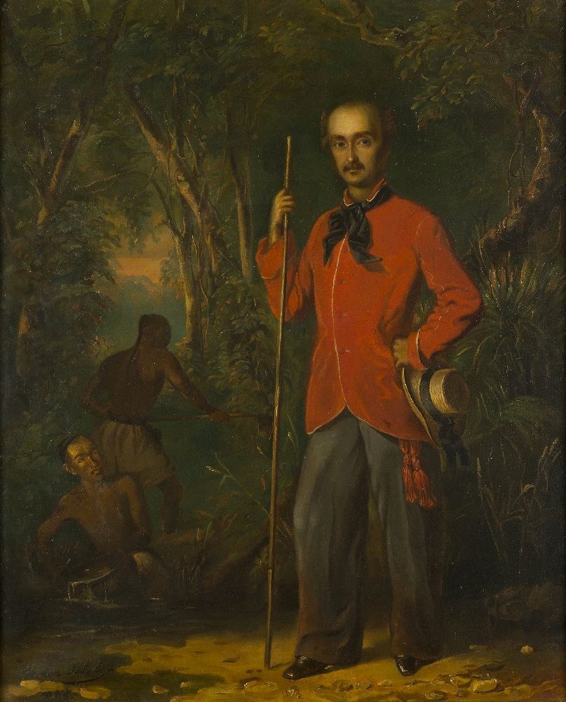  Lot 126 : Raden Sjarief Bastaman Saleh, Indonesian 1811-1880- Portrait of John Francis Loudon (1821-1895), full-length, in a red coat, in a landscape; oil on canvas