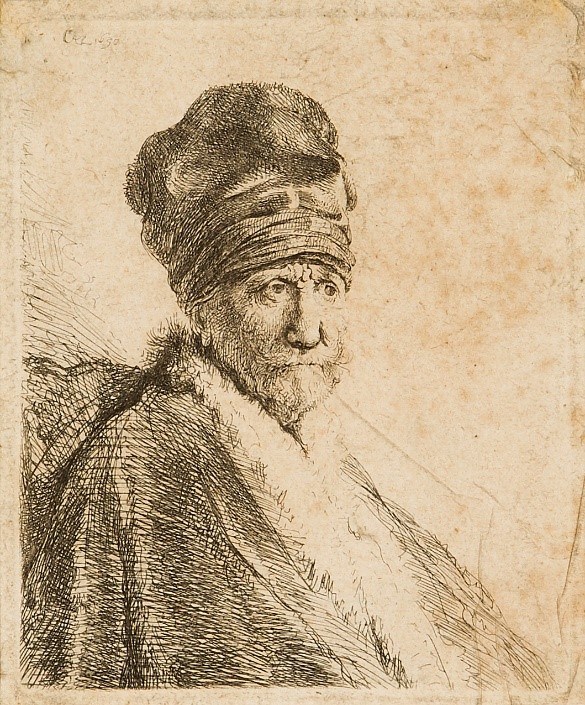  Rembrandt van Rijn, Dutch 1606-1669- Bust of a Man wearing a high cap (the artist's father?), three-quarter length; etching