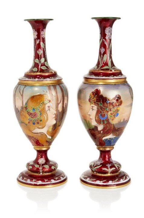 Théofile Soyer (French 1853-1940), a pair of Art Nouveau polychrome and translucent enamel painted on copper vases 
