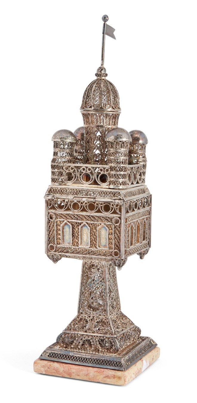  A silver filigree spice tower of architectural form, by the Bezalel school, Jerusalem, c.1920
