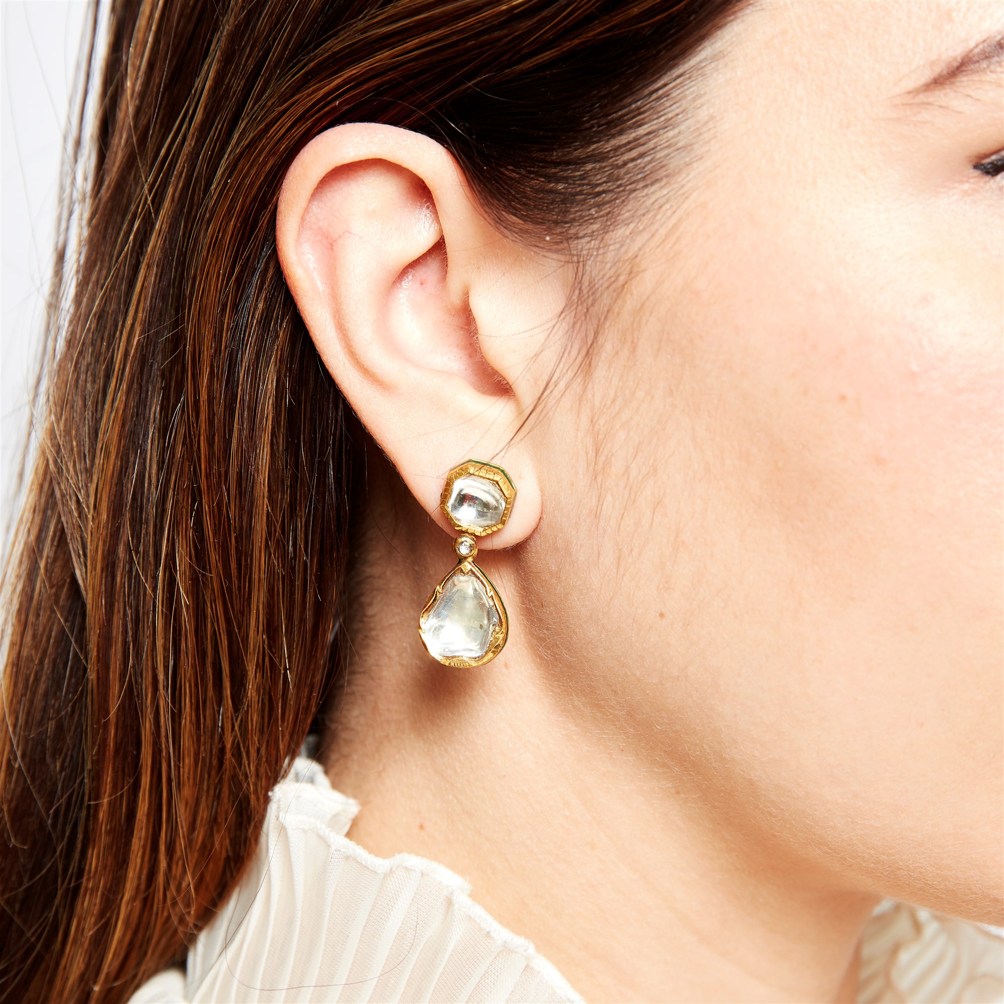 A pair of diamond-set drop gold earrings, India, 20th century