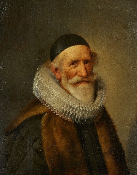  Willem Willemsz. van der Vliet, Dutch c.1584-1642- Portrait of a man, aged 52, traditionally identified as Reinier Pauw, in black embroidered dress, fur collar, white lace ruff and a skull cap; oil on panel